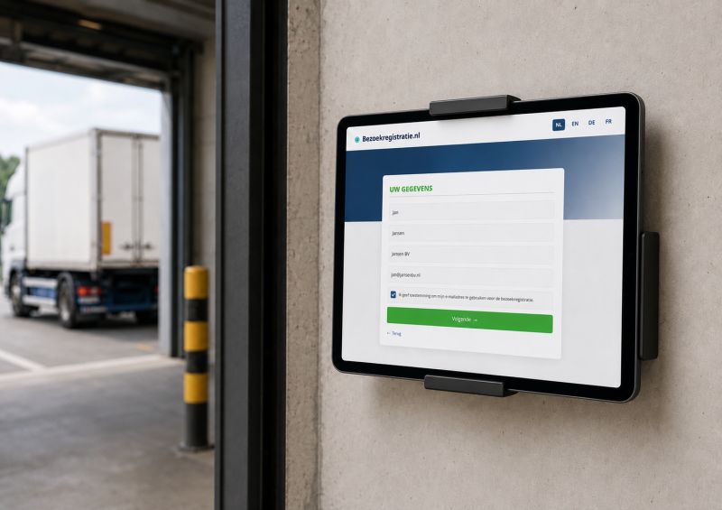 Chauffeur tikt code op de kiosk